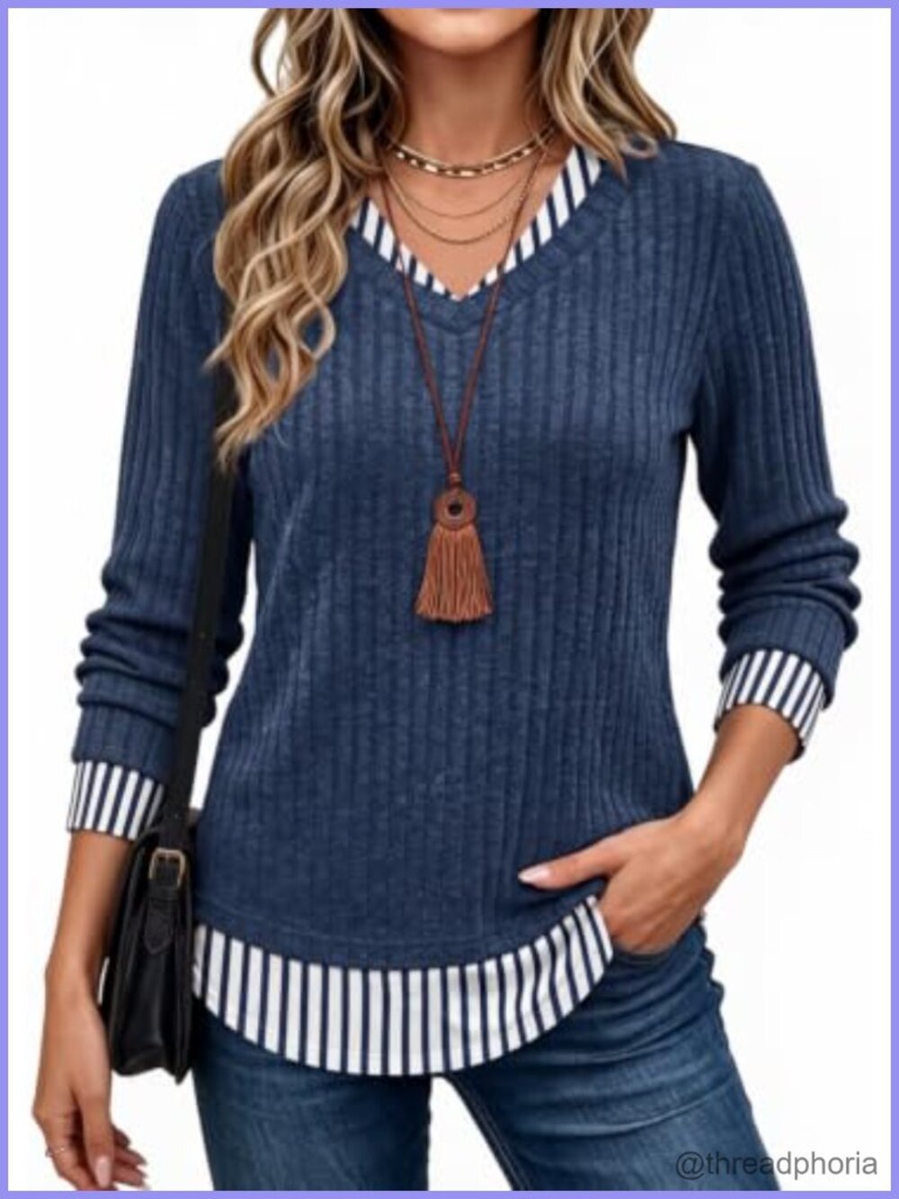 Womens Long Sleeve Tunic Top Faux Layered V-Neck Ribbed Knit Blouse